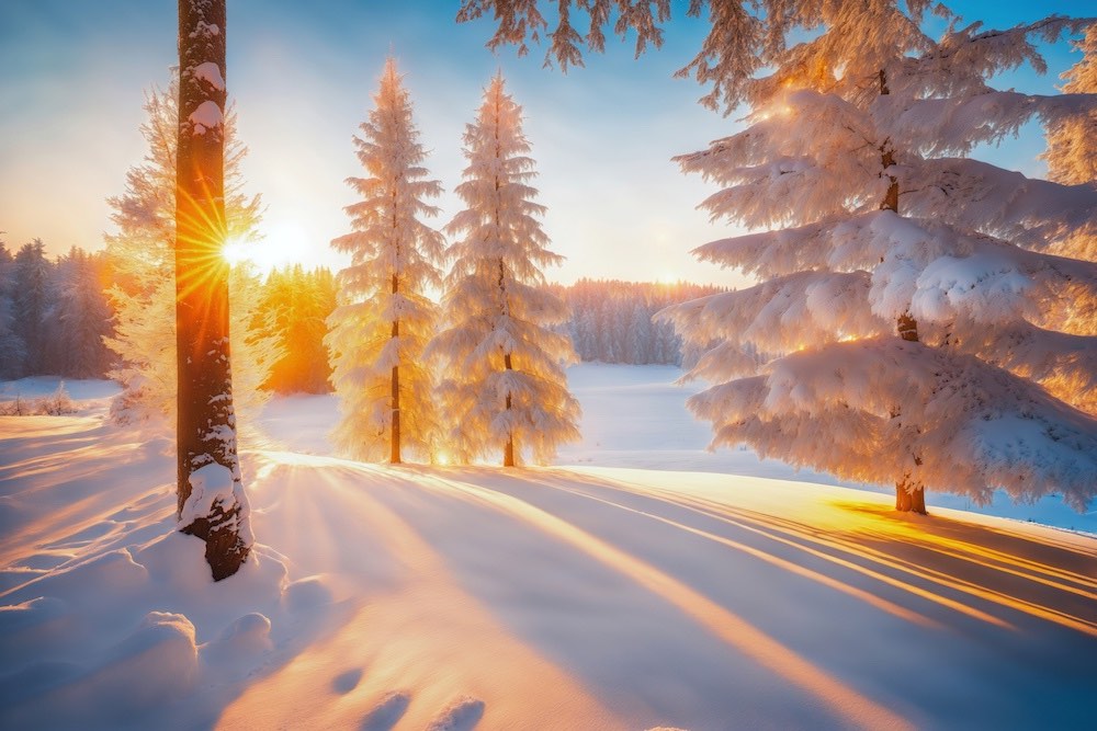 Bild på ett snötäckt landskap i norrland vid soluppgången