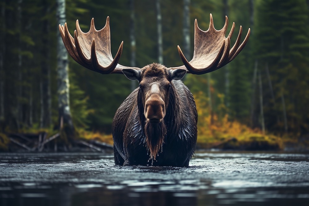 En stor älg som badar i en sjö